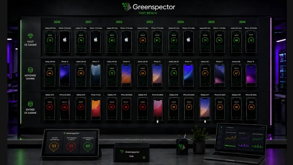 Banc de tests Greenspector : smartphones Android classés par année et par gamme