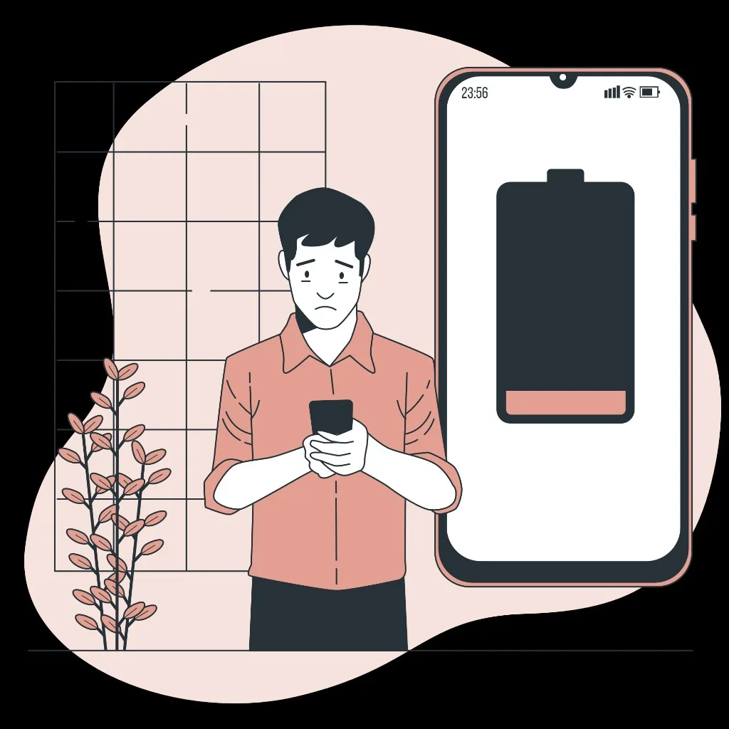 Personne inquiète devant un smartphone dont la batterie est presque vide