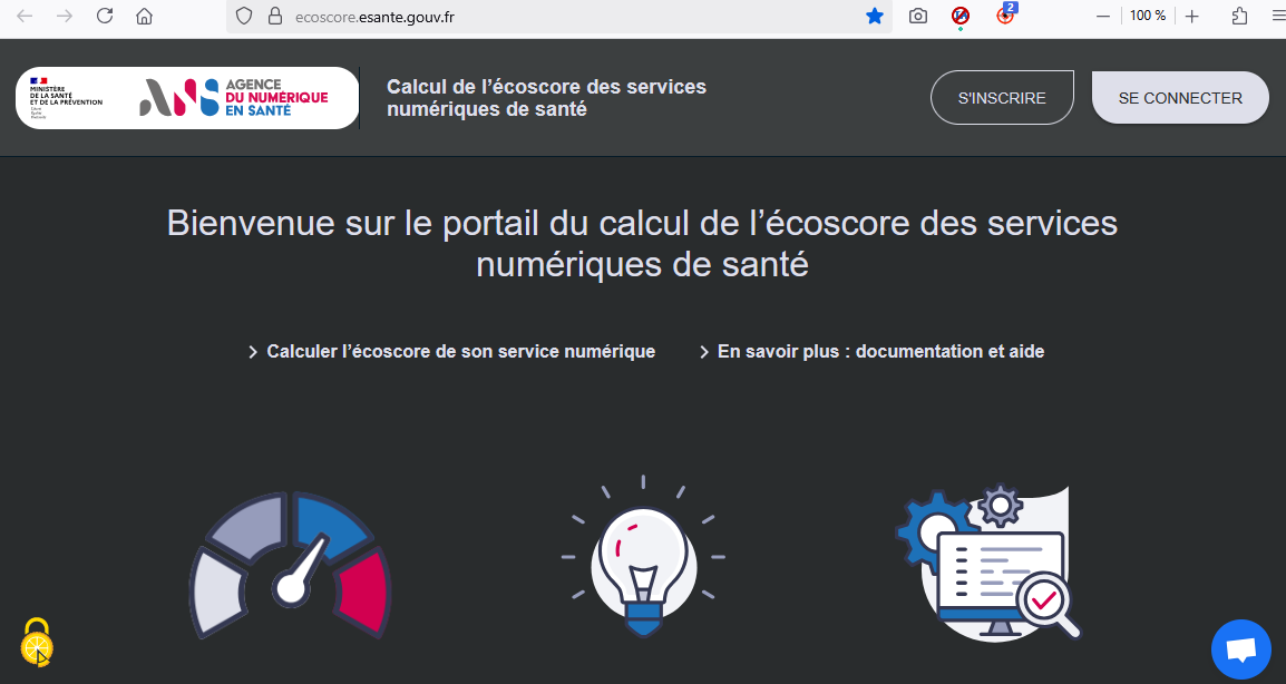 Capture d'écran du Portail Écoscore utilisé pour l'évaluation des applications de santé