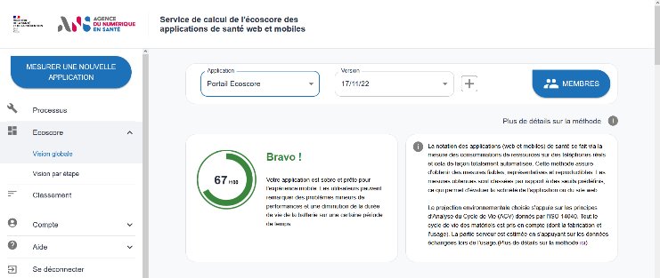 Interface de restitution des résultats d'impact environnemental