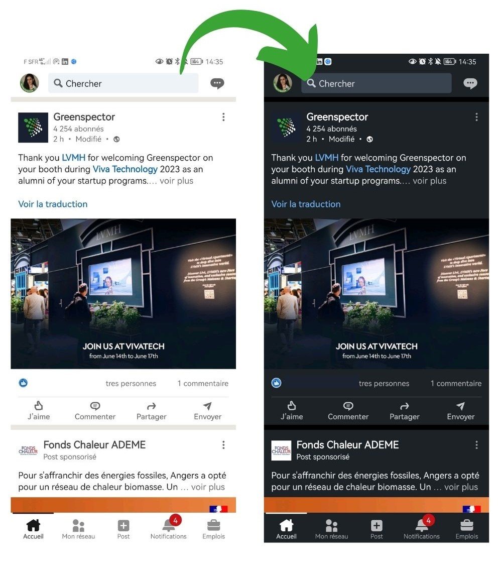 screenshot feed LinkedIn en white mode Versus Screenshot feed LinkedIn en darkmode