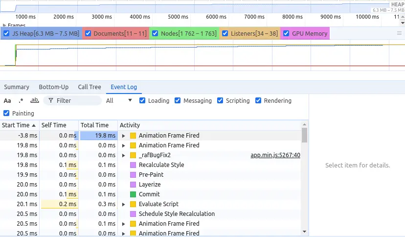 Observation of a pause stage via Chrome's Performance tool: several solicitations due to animations.