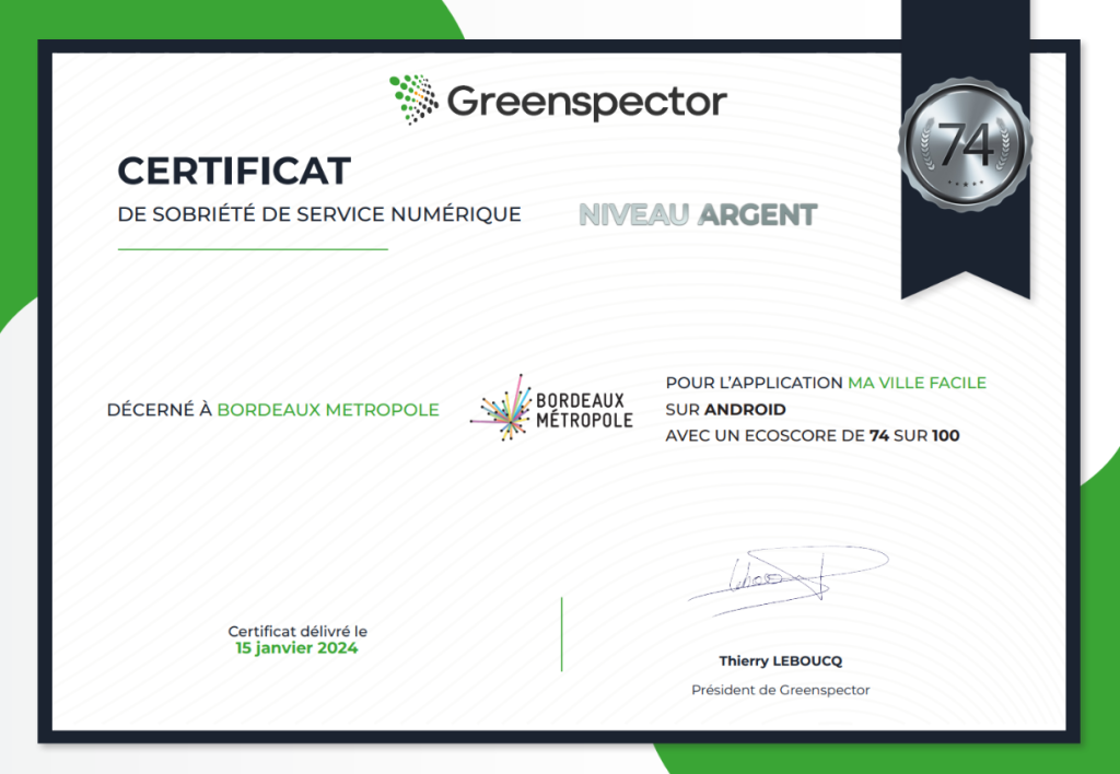 Certificat Greenspector sobriété numérique- ma ville facile - Bordeaux
