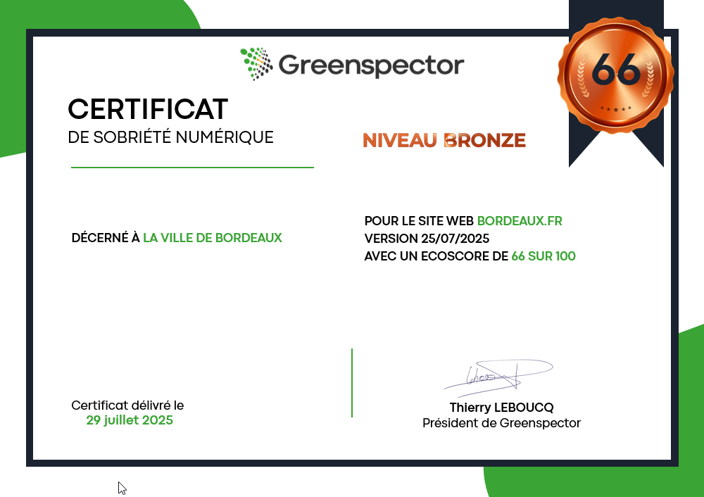 Certificat Greenspector sobriété numérique- Ville de Bordeaux
