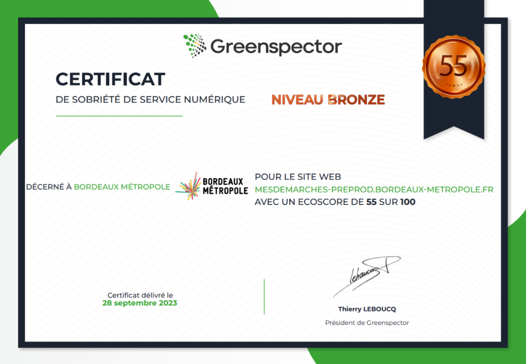 Certificat Greenspector sobriété numérique- mes démarches - Bordeaux