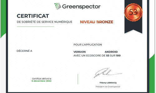 Exemple de Certificat de Sobriété de Service Numérique délivré par Greenspector